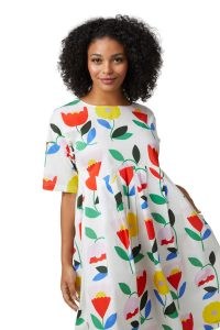 gorman Fleur Scallop Dress – womens organic cotton floral smock dresses – loose curved scalloped waistline