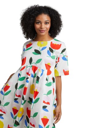 gorman Fleur Scallop Dress – womens organic cotton floral smock dresses – loose curved scalloped waistline - flipped