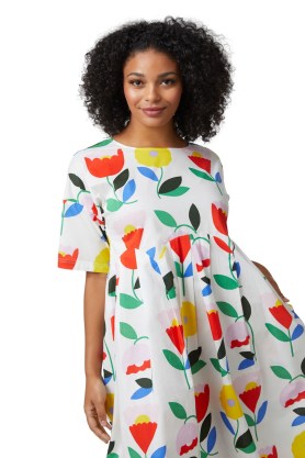 gorman Fleur Scallop Dress – womens organic cotton floral smock dresses – loose curved scalloped waistline