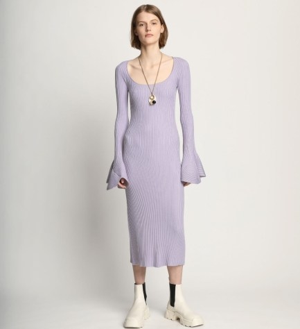 Proenza Schouler Fluted Rib Knit Dress in Lavender ~ lilac ribbed slim fit midi dresses ~ scoop neck ~ flared cuffs - flipped