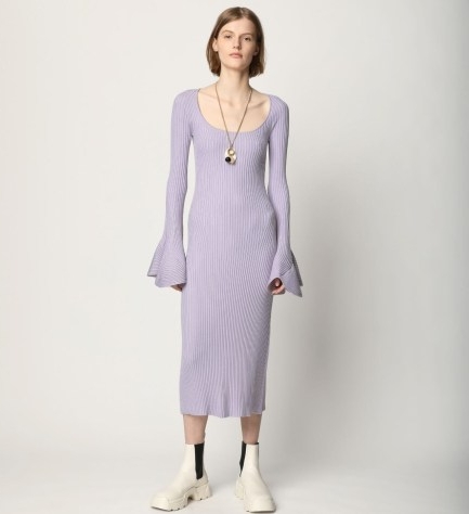 Proenza Schouler Fluted Rib Knit Dress in Lavender ~ lilac ribbed slim fit midi dresses ~ scoop neck ~ flared cuffs