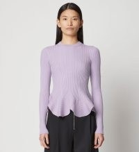Proenza Schouler Fluted Rib Knit Peplum Sweater Lavender ~ lilac ribbed silk and cashmere blend sweaters ~ scalloped flared hem