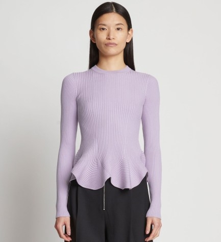 Proenza Schouler Fluted Rib Knit Peplum Sweater Lavender ~ lilac ribbed silk and cashmere blend sweaters ~ scalloped flared hem - flipped