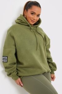 GEMMA ATKINSON KHAKI REFLECTIVE SLOGAN OVERSIZED HOODIE ~ womens green pullover hoodies