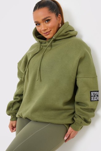 GEMMA ATKINSON KHAKI REFLECTIVE SLOGAN OVERSIZED HOODIE ~ womens green pullover hoodies - flipped