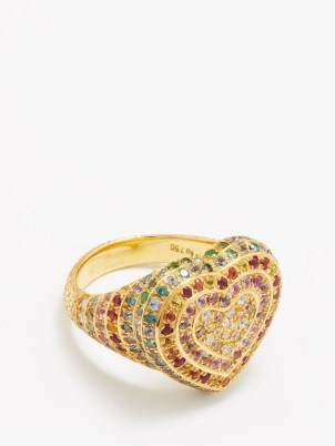 CAROLINA BUCCI Rainbow Heart diamond, sapphire & 18kt gold ring – women’s luxury multicoloured rings – luxe hearts – fine statement jewellery - flipped