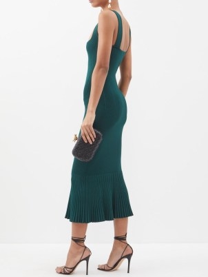 GALVAN Atalanta square-neck knit dress in green – sleeveless fishtail hem bodycon – glamorous fitted evening occasion dresses - flipped