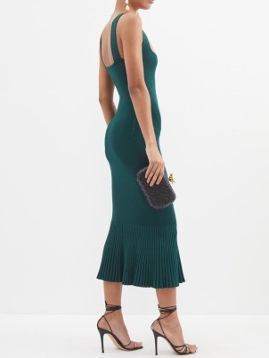 GALVAN Atalanta square-neck knit dress in green – sleeveless fishtail hem bodycon – glamorous fitted evening occasion dresses