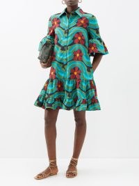 LA DOUBLEJ Choux printed cotton-poplin mini dress in green – floral print fluted short sleeved dresses – collared – tiered hem – retro prints