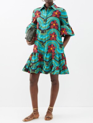LA DOUBLEJ Choux printed cotton-poplin mini dress in green – floral print fluted short sleeved dresses – collared – tiered hem – retro prints