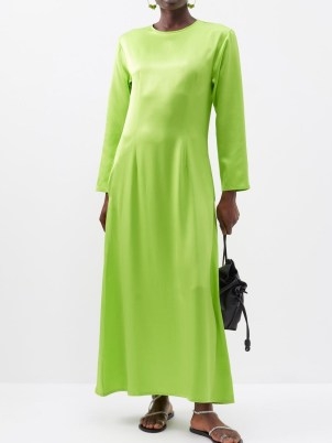 ASCENO Jodie long-sleeved silk maxi dress in green – silky lime coloured dresses – womens vibrant minimalist fashion – citrus colours - flipped
