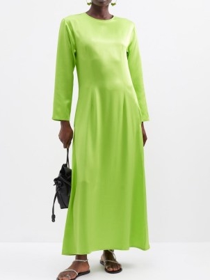 ASCENO Jodie long-sleeved silk maxi dress in green – silky lime coloured dresses – womens vibrant minimalist fashion – citrus colours