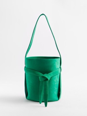 THE ROW Leo knotted mini suede bucket bag in green ~ knot detail top handle bags - flipped
