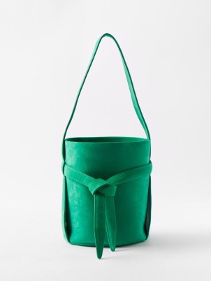 THE ROW Leo knotted mini suede bucket bag in green ~ knot detail top handle bags