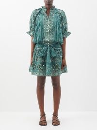 JULIET DUNN Mirrored mosaic-print cotton mini shirt dress in green / shimmering embroidered waist sash dresses