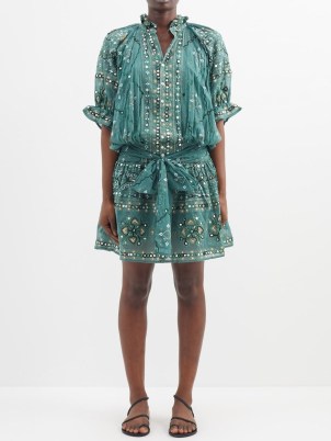 JULIET DUNN Mirrored mosaic-print cotton mini shirt dress in green / shimmering embroidered waist sash dresses - flipped