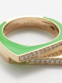 RAINBOW K Handcuff diamond, enamel & 14kt gold ring – women’s contemporary split top band rings with green enamel and pavé diamonds – womens modern luxe jewellery
