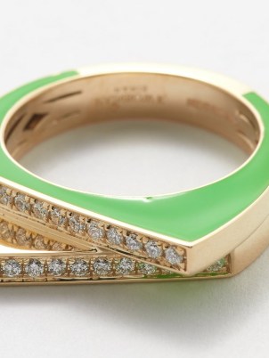 RAINBOW K Handcuff diamond, enamel & 14kt gold ring – women’s contemporary split top band rings with green enamel and pavé diamonds – womens modern luxe jewellery - flipped