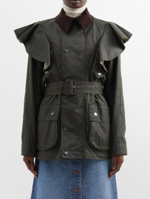 CHLOÉ X Barbour corduroy-trim waxed-cotton jacket in green ~ womens belted ruffle trim jackets ~ women’s country clothing - flipped