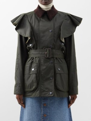 CHLOÉ X Barbour corduroy-trim waxed-cotton jacket in green ~ womens belted ruffle trim jackets ~ women’s country clothing