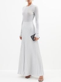 KHAITE Keese pleated lurex-jersey maxi dress in grey ~ luxe metallic thread occasion dresses ~ elegant long sleeved fit and flare
