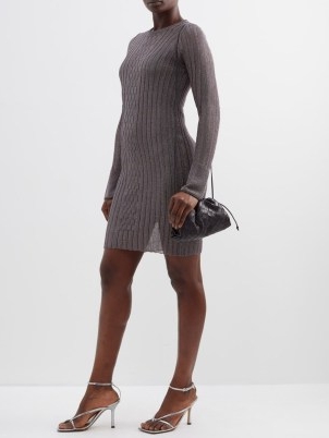 VICTORIA BECKHAM Ribbed-knit lurex mini dress in grey – metallic long sleeve knitted dresses – womens luxe knitwear fashion