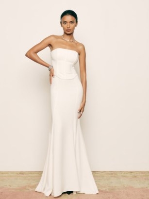 Reformation Haisley Two Piece in Ivory ~ bridal corset top and maxi skirt co-ord ~ strapless wedding fashion - flipped