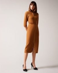 TED BAKER Halleid Pencil Dress With Faux Leather Panelling in Camel ~ chic brown split hem dresses