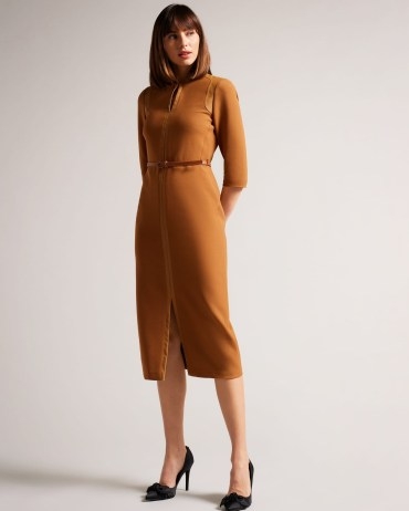 TED BAKER Halleid Pencil Dress With Faux Leather Panelling in Camel ~ chic brown split hem dresses - flipped