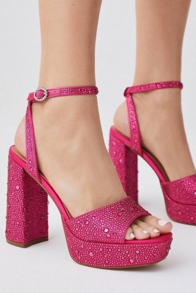 KAREN MILLEN Heatseal Detail Diamante Platform in Pink ~ embellished party platforms - flipped