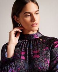 TED BAKER Heiydii High Neck Satin Butterfly Print Blouse in Black / butterflies on women’s blouses