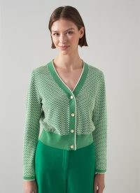 L.K. BENNETT Honey Green and Cream Cotton-Merino Waffle Knit Cardigan | textured V-neck front button cardigans