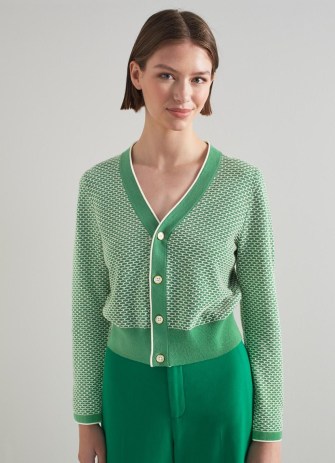 L.K. BENNETT Honey Green and Cream Cotton-Merino Waffle Knit Cardigan | textured V-neck front button cardigans - flipped