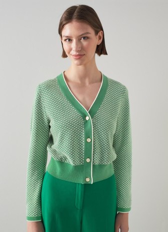 L.K. BENNETT Honey Green and Cream Cotton-Merino Waffle Knit Cardigan | textured V-neck front button cardigans