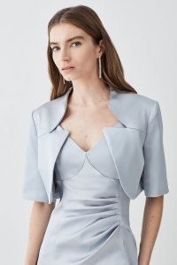 KAREN MILLEN Italian Structured Satin Notch Neck Cover Up Jacket in Silver ~ womens occasion boleros ~ women’s cropped evening jackets