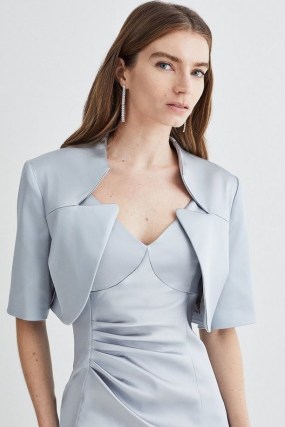 KAREN MILLEN Italian Structured Satin Notch Neck Cover Up Jacket in Silver ~ womens occasion boleros ~ women’s cropped evening jackets - flipped