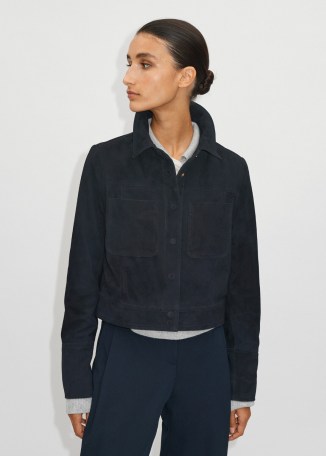ME and EM Italian Suede Crop Jacket Navy ~ womens chic cropped utility style jackets ~ women’s sustainable by-product fashion
