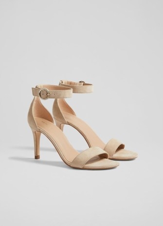 L.K. BENNETT Ivy Beige Suede Heeled Sandals / minimalist ankle strap occasion shoes - flipped
