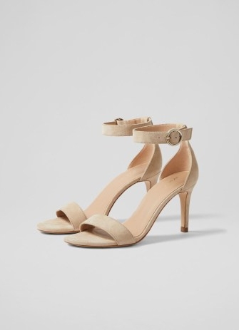 L.K. BENNETT Ivy Beige Suede Heeled Sandals / minimalist ankle strap occasion shoes