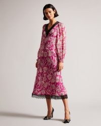 TED BAKER Izobele Long Sleeve Midi Dress With Lace Trim in Bright Pink / leaf print empired waist dresses / chic boho fashion