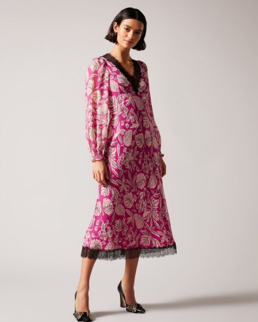 TED BAKER Izobele Long Sleeve Midi Dress With Lace Trim in Bright Pink / leaf print empired waist dresses / chic boho fashion - flipped