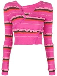 Jacquemus striped knit cropped cardigan in dark pink/multicolour | women’s contemporary crop hem ruffle trim cardigans