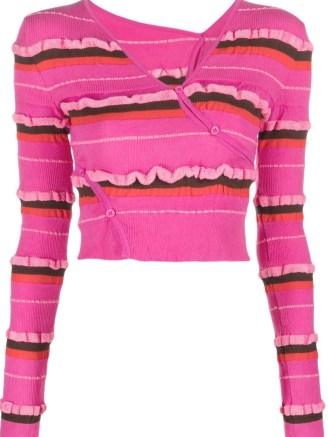 Jacquemus striped knit cropped cardigan in dark pink/multicolour | women’s contemporary crop hem ruffle trim cardigans - flipped