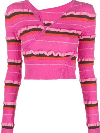 Jacquemus striped knit cropped cardigan in dark pink/multicolour | women’s contemporary crop hem ruffle trim cardigans
