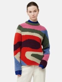 Jigsaw x Sharan Ranshi Crew Jumper in Multicolour | womens multicoloured swirl patterned jumpers | women’s relaxed fit round neck sweaters