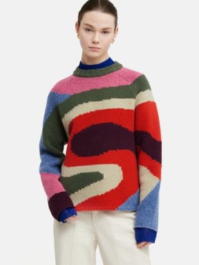 Jigsaw x Sharan Ranshi Crew Jumper in Multicolour | womens multicoloured swirl patterned jumpers | women’s relaxed fit round neck sweaters - flipped