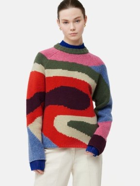 Jigsaw x Sharan Ranshi Crew Jumper in Multicolour | womens multicoloured swirl patterned jumpers | women’s relaxed fit round neck sweaters
