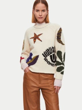 Jigsaw Intarsia Crew Neck Jumper in Multi | womens neutral patterned jumpers - flipped