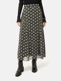 Jigsaw Block Leaf Crinkle Maxi Skirt in Black | long length print skirts
