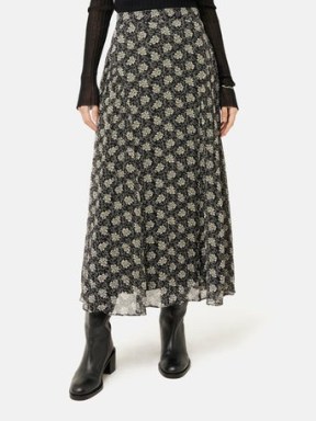 Jigsaw Block Leaf Crinkle Maxi Skirt in Black | long length print skirts